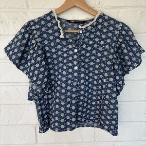 Zara Floral Eyelet Blouse Daisy Women M White Blue Ruffle Sleeve Shabby Chic
